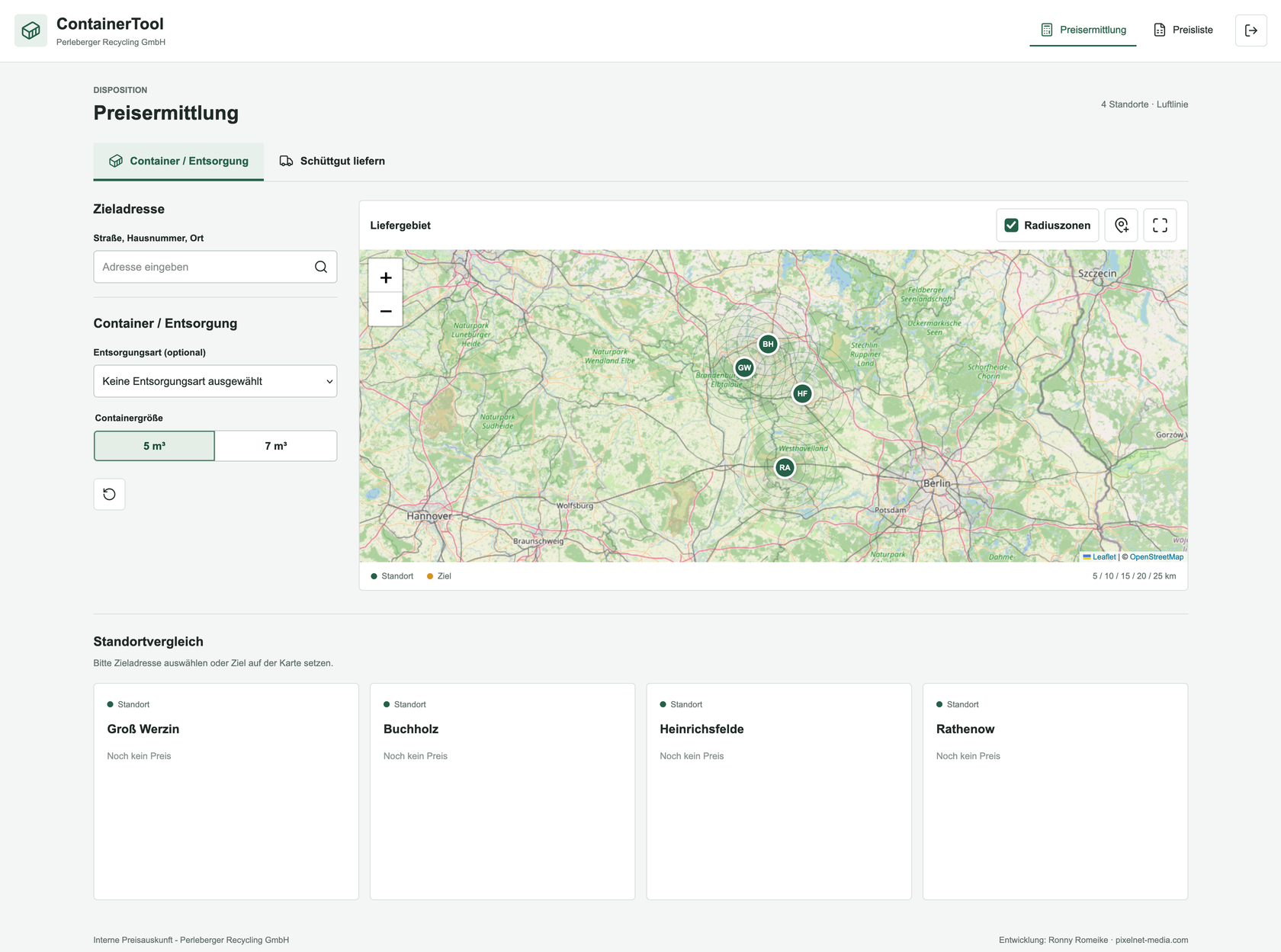 Screenshot des ContainerTools: Preisermittlung mit Zieladresse, Containergröße, Karte des Liefergebiets und Vergleich der Standorte